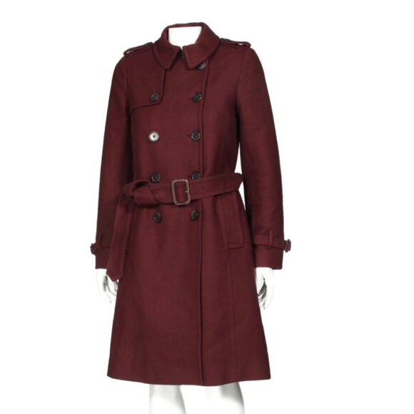 J Crew Coat Women Icon Trench Coat Wool Cashmere Burgundy Double Breast sz 4 381 - Picture 4 of 7